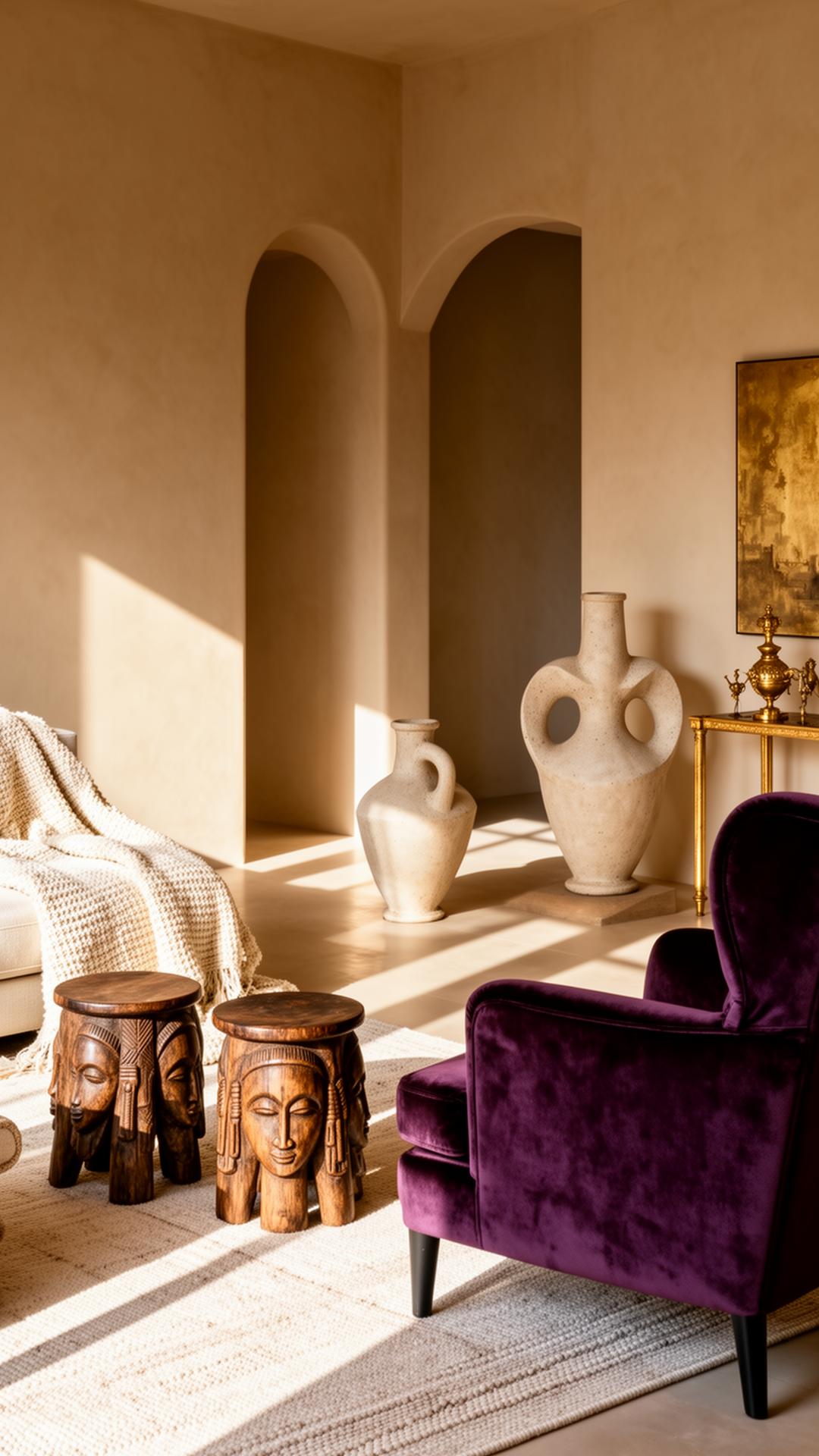 A luxury minimal living room with carved African stools, ivory textiles, aubergine velvet and antique gold accents